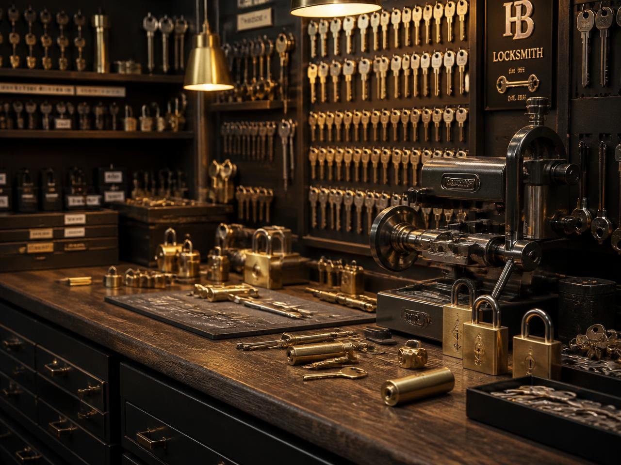 Atelier de serrurerie avec outils et clés